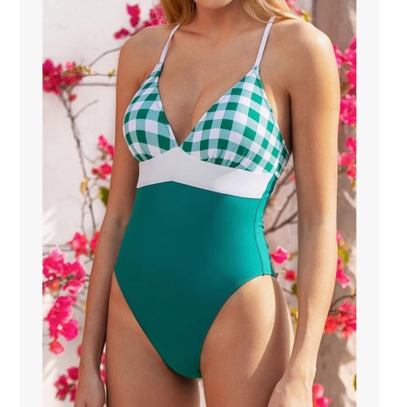 Cupshe Gingham Lace Up One Piece Swimsuit Green White Print Medium NWT - Picture 6 of 11